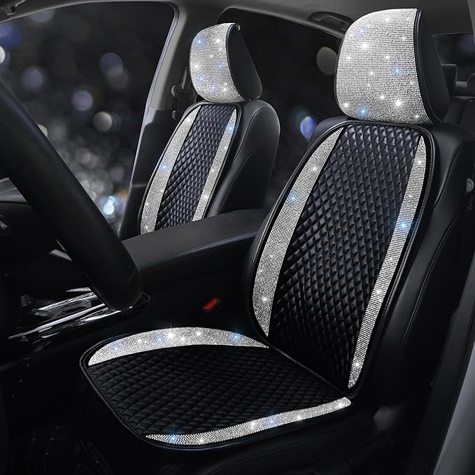 Bling Crystal Rhinestones Car Front Seat Covers for Womens Shining Diamond Seat Protectors, Anti-Slip Bottom Seat Cushion Covers for Auto Universal Fit Interior Accessories White 2Seats