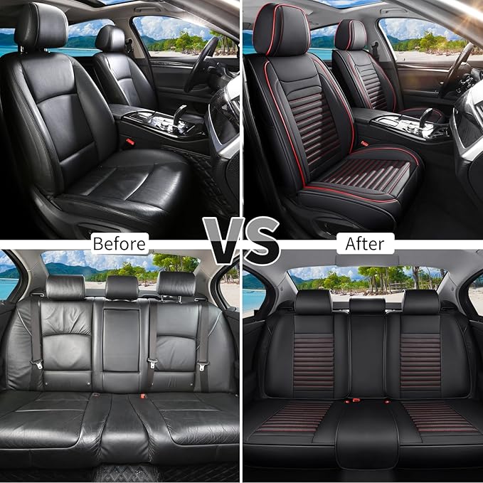 Car Seat Covers Full Set Fit for Toyota Prius 2001-2026, Premium Faux Leather Car Seat Protector,Breathable Anti-Slip Full Wrapping Edge Seat Covers(Black&Red,Full Set)