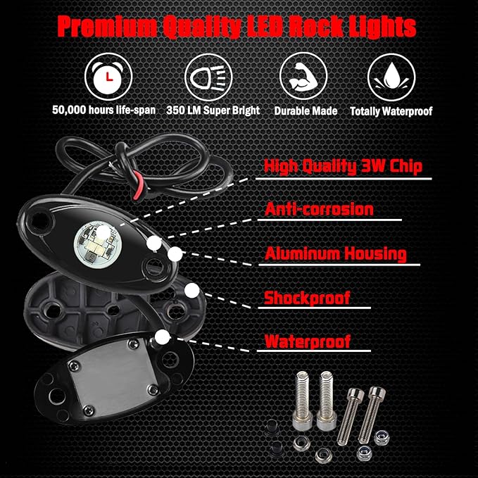 4 Pods LED Rock Lights, Ampper Waterproof LED Neon Underglow Light for Car Truck ATV UTV SUV Offroad Boat Underbody Glow Trail Rig Lamp (Red)