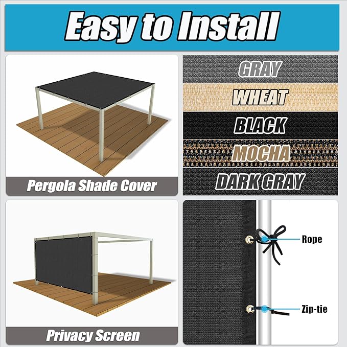 Amagenix 90% Pergola Shade Cover 14'X 16' Dark Gray Sun Shade Cloth with Grommets for Outdoor Garden Patio Porch-Commercial Grade 200 GSM-Cable Zip Ties Included (We Customized)