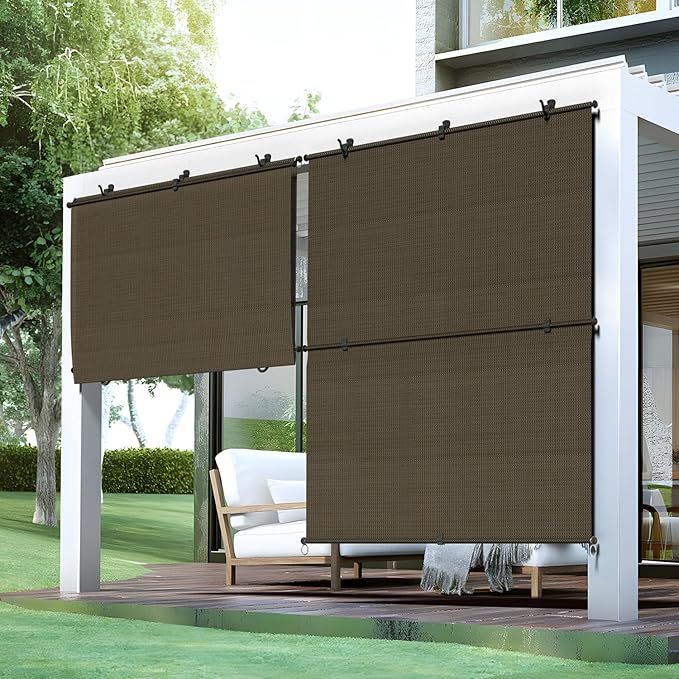 Bynbbur 5'W x 15'H Outdoor Patio Shades Foldable Roller Blinds, 220 GSM Sun Shade Roll Up Porch Screens Exterior Shade Cloth for Deck Pergola Backyard, Brown