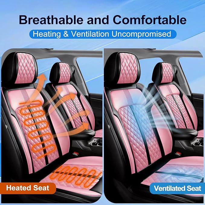 Fit HR-V Car Seat Covers for Honda HRV 2016-2025 2026 LX/EX/EXL/Sport - Full Coverage Leather, Airbag Compatible, Breathable Waterproof All Weather Seat Protector, Front Pair Black+Pink