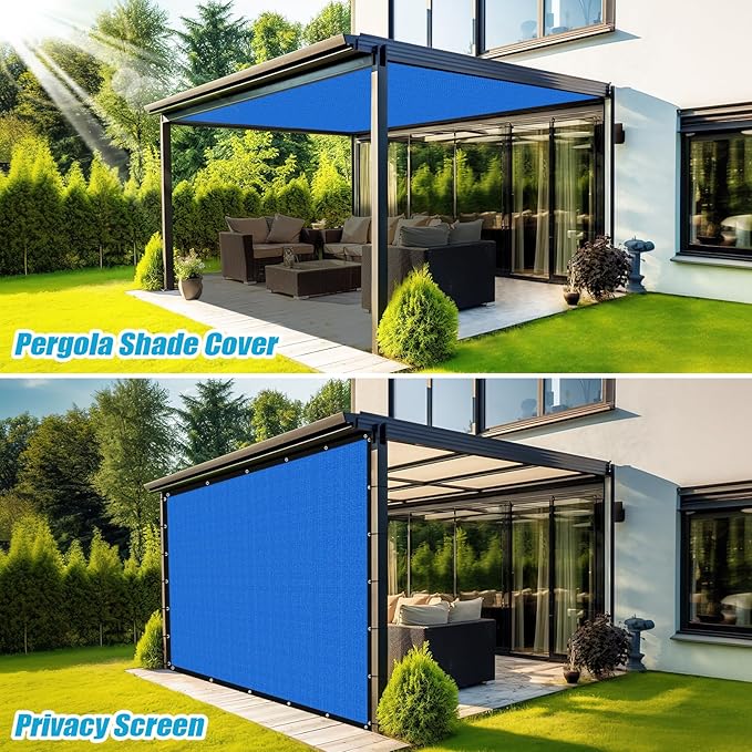 Amagenix 90% Pergola Shade Cover 8' X 8' Sun Shade Cloth with Grommets for Outdoor Garden Patio Porch, Commercial Grade 200 GSM - Cable Zip Ties Included (We Customized) GN108, Blue