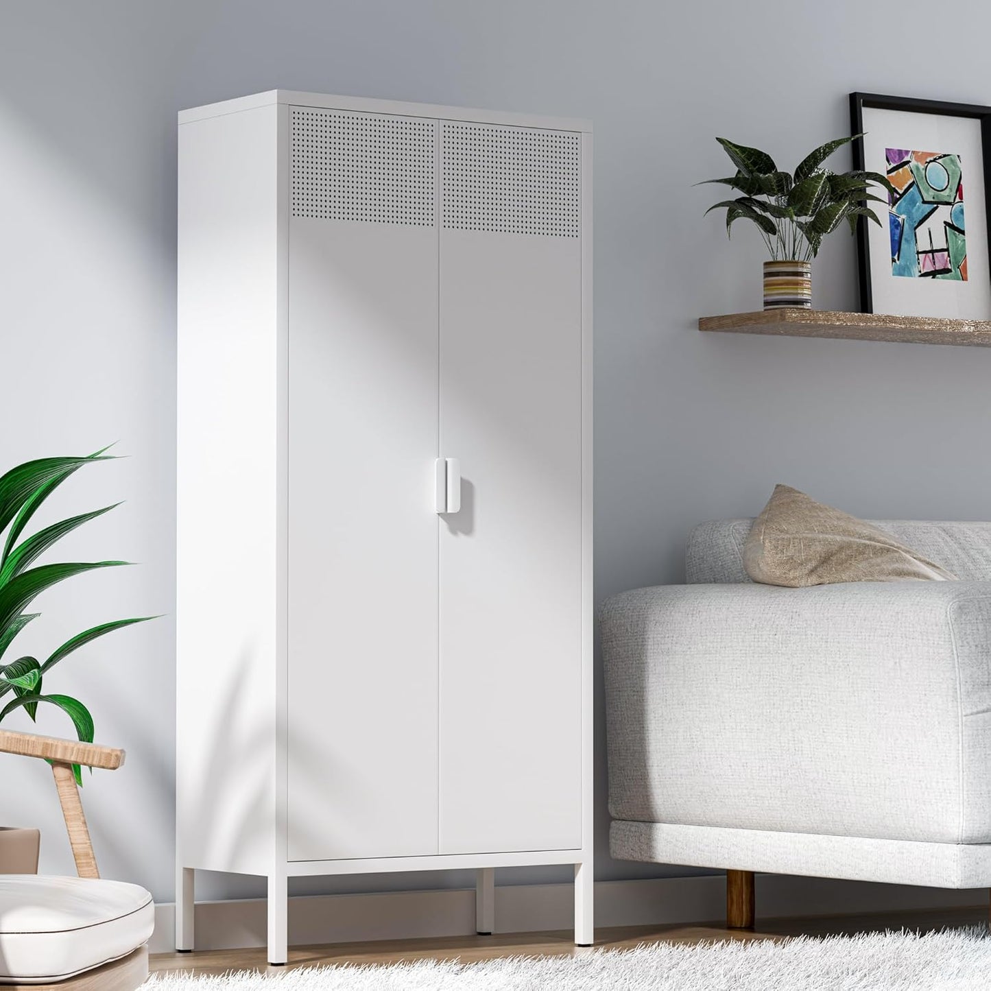 Metal Storage Cabinet with Adjustable Shelves, White, 61''H x 27.56''W 13.78''D, for Kitchen, Laundry Room, Home Office, Kids Room