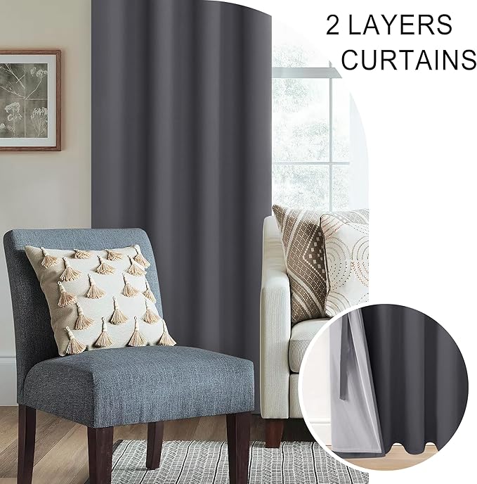 XWZO 100% Blackout Curtain Panels - Thermal Insulated Black Liner Curtains, Noise Reducing and Heat Blocking Drapes for Hall and Studio Windows with Tiebacks, Dark Grey, W42 x L54, Set of 2