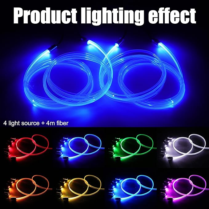 Car Interior Strip Lights, 4 in 1 Multicolor RGB Car Ambient Lighting Kit, 4m Fiber Optic EL Neon Tube Light, DIY Mode Music Sync RF Remote Control DC 12V