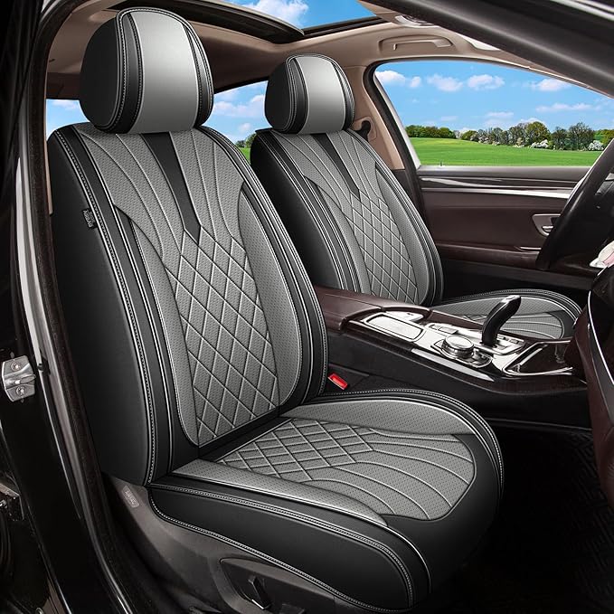 Front Pair Car Seat Covers for Toyota RAV4 SUV 2007-2025 2026 RAV4 Hybrid RAV-4 - Breathable Perforated Premium Leather Seat Cover - for Toyota RAV 4 Accessories - Black&Grey