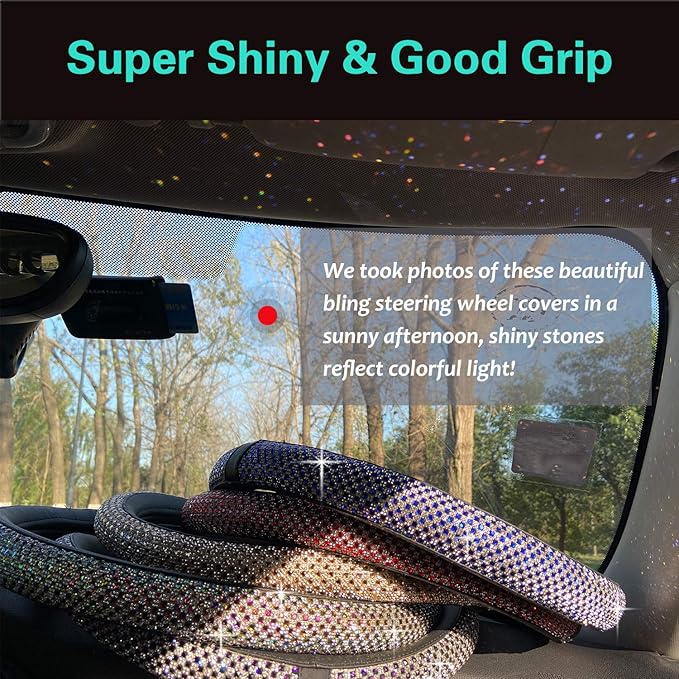 PINCTROT Bling Bling Comfy Steering Wheel Cover with Jumbo Crystal Rhinestones, Anti-Slip Diamond Leather Car Steer Cover (Gold)