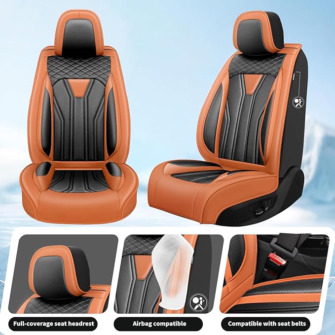 Fit Sentra Car Seat Covers Compatible with Nissan Sentra 2001-2025 2026 - Premium Leather， Waterproof Breathable， All-Weather Seat Cushion Protecto&Airbag Compatible (2 Front Seat Orange&Black)