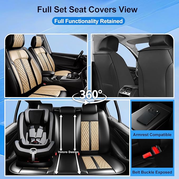 Fit Blazer Car Seat Covers for Select Chevrolet/Chevy Blazer 2019-2026, Premium Full Coverage Leather, Airbag Compatible, Waterproof All Weather Seat Cushion Protector, Front Pair Black+Beige