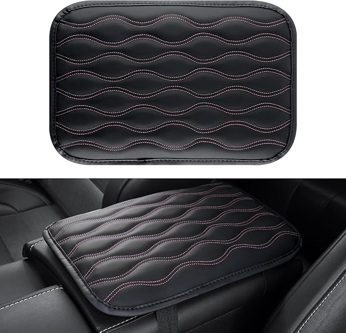 Amiss Auto Center Console Pad, Universal Waterproof Armrest Seat Box Cover, Car Interior Accessories, Leather Auto Armrest Cover Protector for Most Vehicle, SUV, Truck (Pink-Line)