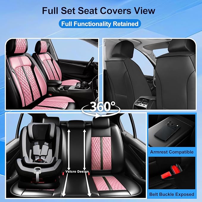 Fit CX-5 Car Seat Covers for Select Mazda CX5 2013-2024 2025 2026 - Premium Full Coverage Leather, Airbag Compatible, Waterproof & All Weather Seat Protector, Front Pair Black+Pink