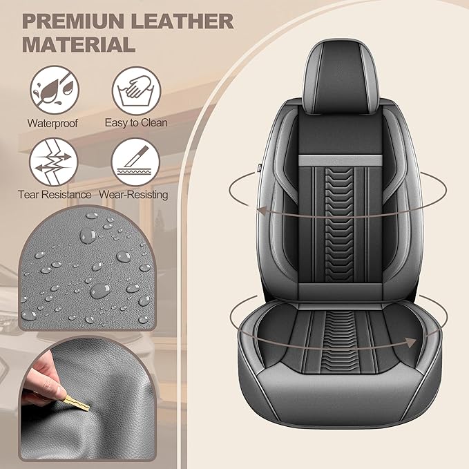 TTX LIGHTING for Buick Envision 2016-2025 Seat Covers: Waterproof Leather Seat Protector with Airbag Compatible (2 Front Seats,Black&Gray)
