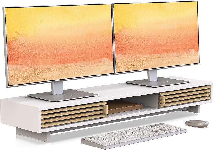 Dual Monitor Stand Riser with Sliding Door, Double Computer Laptop Stand Desk