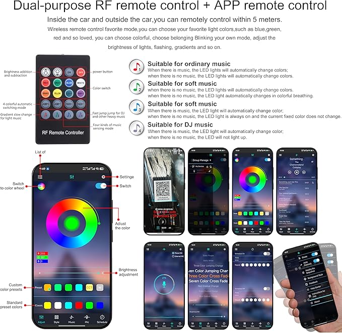Car Atmosphere Light Kit 5m Fiber Optic Multicolor Sound Active Music Sync Memory Function RF Remote Controller + Bluetooth APP Control 64 Colors USB Car Interior Footwell Ambient Lighting Kit