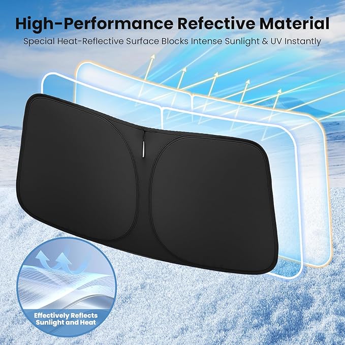 Windshield Sun Shade for Toyota Tacoma 2016-2023 2024 2025 – Custom Fit Sun Shield with Mirror Cut‑Out, Blocks Heat & UV, Foldable with Storage Pouch - Toyota Tacoma Windshield Sunshade