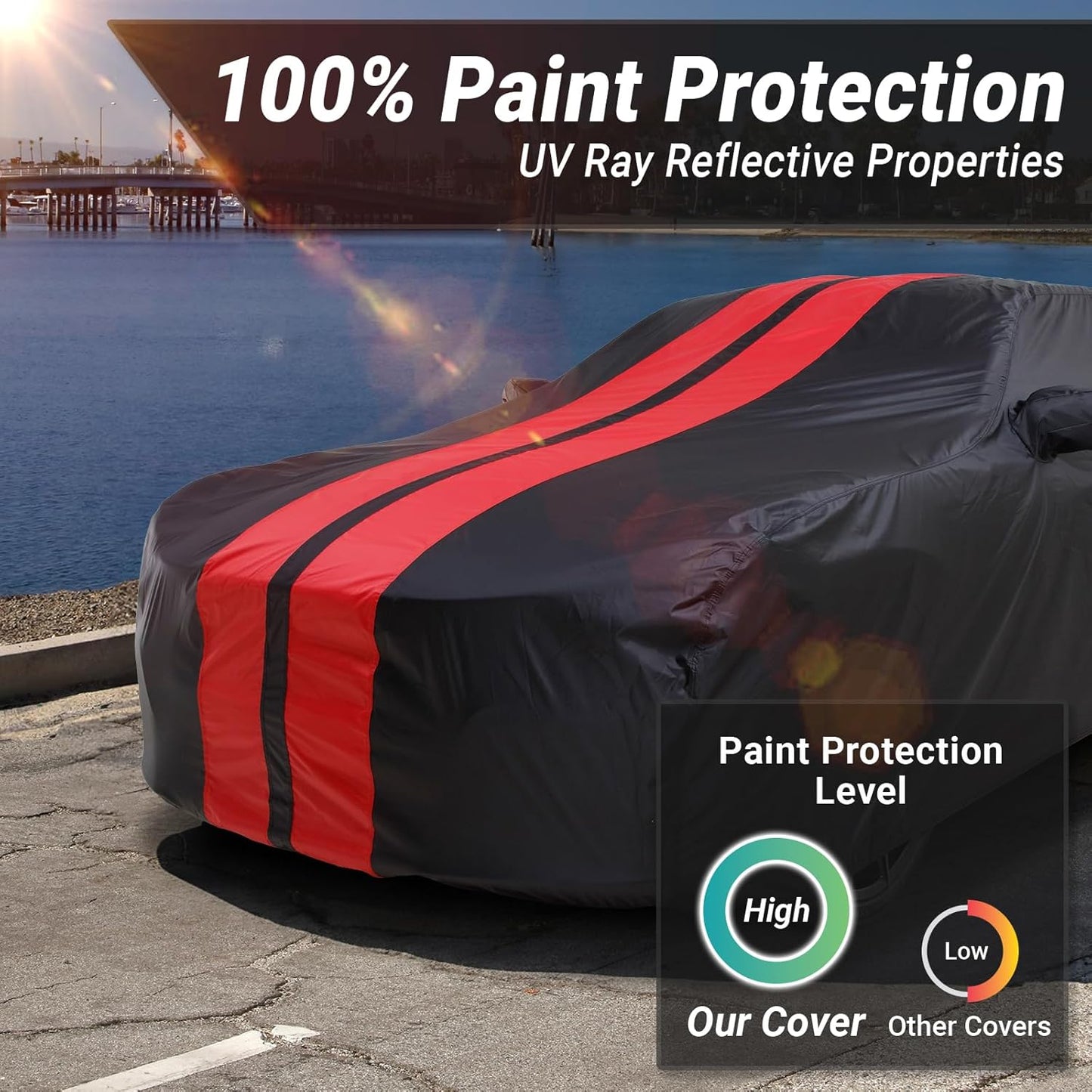 iCarCover Custom Car Cover for Pontiac Tempest (1987-1991) Waterproof All-Weather Rain Snow UV Sun Protector Full Exterior Indoor Outdoor Car Cover (Stripe - Black/Red)