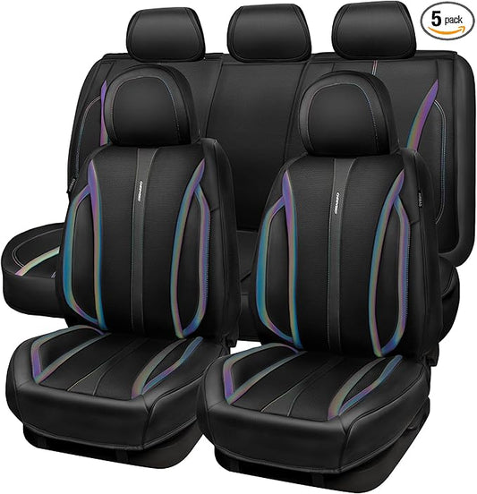 CAR PASS Nappa Leather Car Seat Covers, Durable Waterproof Luxury Universal for SUV Pick-up Truck Sedan, Anti-Slip Driver 5 Seats Covers Full Set with Backrest (Black Chameleon Iridescent Reflective)