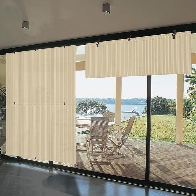 Bynbbur 8'W x 12'H Outdoor Patio Shades Foldable Roller Blinds, 220 GSM Sun Shade Roll Up Porch Screens Exterior Shade Cloth for Deck Pergola Backyard, Beige