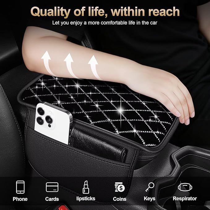 Bling Center Console Cover with 2 Side Pockets Fit for Tacoma Multi-Functional Car Armrest Cushion Diamond-Studded Rhombus Pattern Style(Black&Silver Diamond)