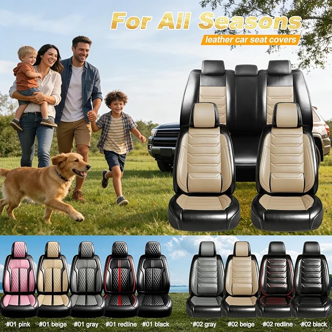 Fit Malibu Car Seat Covers for Chevrolet/Chevy Malibu 2009-2025, Full Coverage Leather, Airbag Compatible, Waterproof All Weather Breathable Seat Cushion Protector, Front Pair Black+Beige