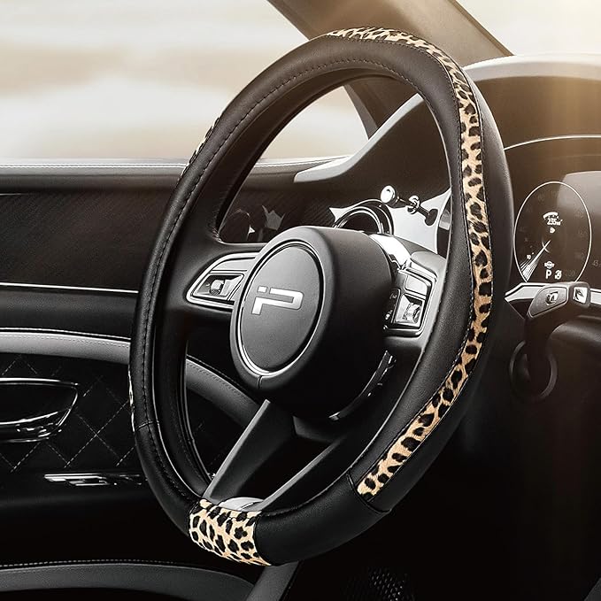 Road Comforts Steering Wheel Cover - Made with PVC Leather and Leopard Fabric - Universal 14 1/2 inches to 15 inches for Most Automotive Steering Wheel - Cheetah Print - Black