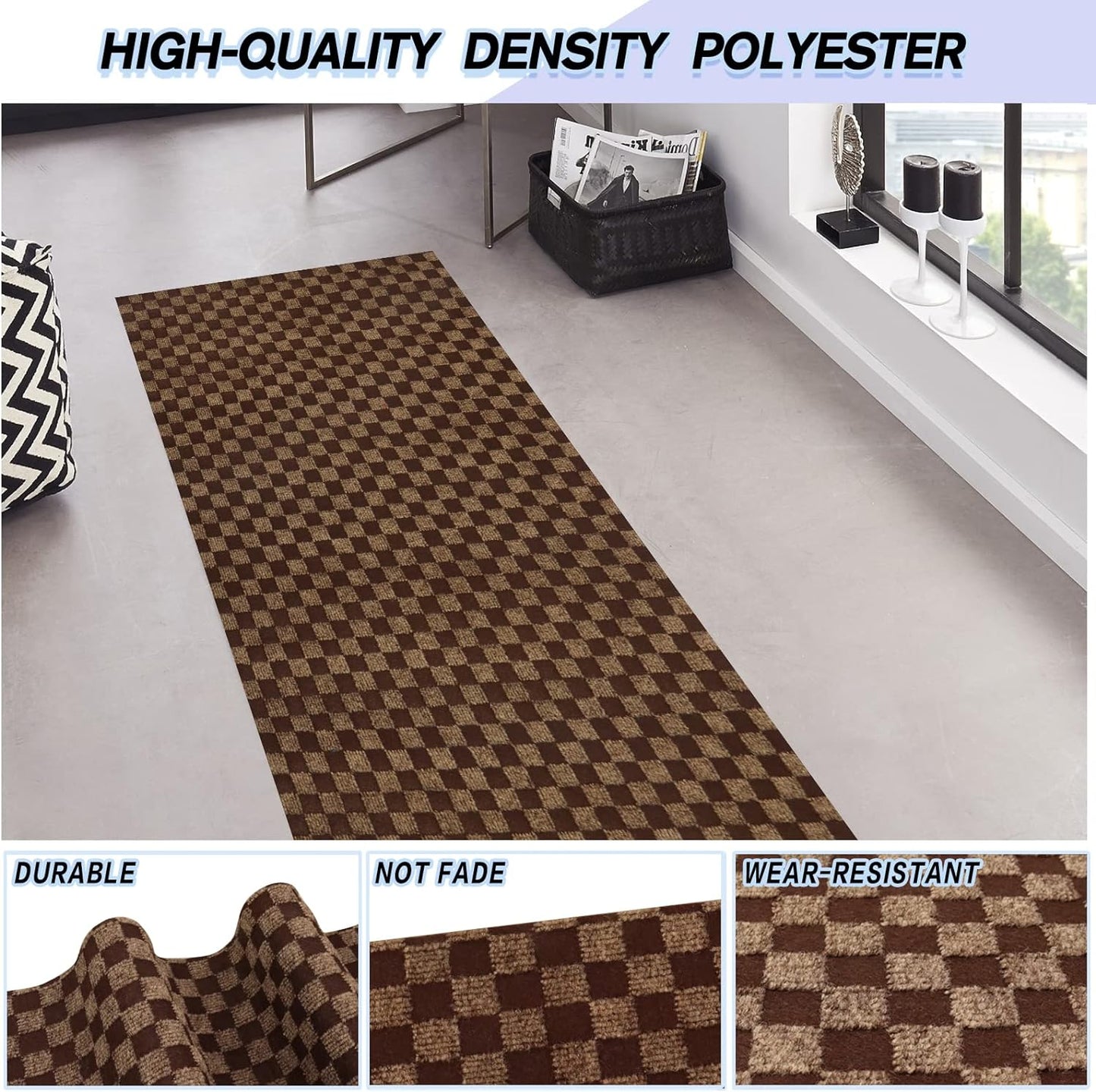Custom Size Backed Non-Slip Area Rugs Runner, Easy Clean, Waterproof Runner Rugs for Hallway Entryway, Kitchen, Laundry, 2FT x 78FT, Brown Checkered