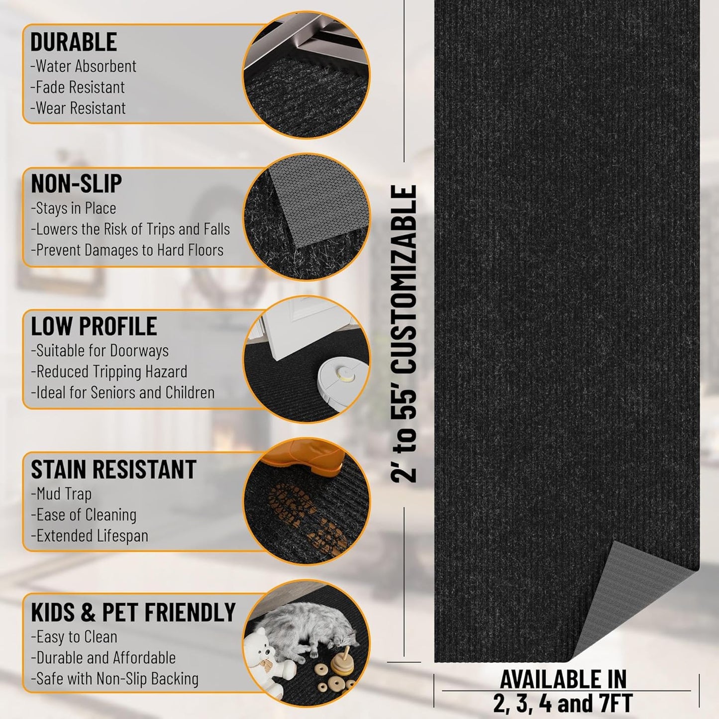 Ottomanson 3'11" x 15' Hallway Runner with Scraper Pile - Extra Durable Non-Slip Rug Mat for Indoor & Outdoor Use - Ideal for Kitchen, Entryway & Garage - High-Traffic Carpet, Black