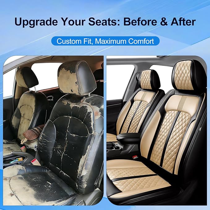 Fit CX-30 Car Seat Covers for Select Mazda CX30 2020-2025, Premium Full Coverage Leather, Airbag Compatible, Waterproof All Weather Seat Protector, Front Pair Black+Beige