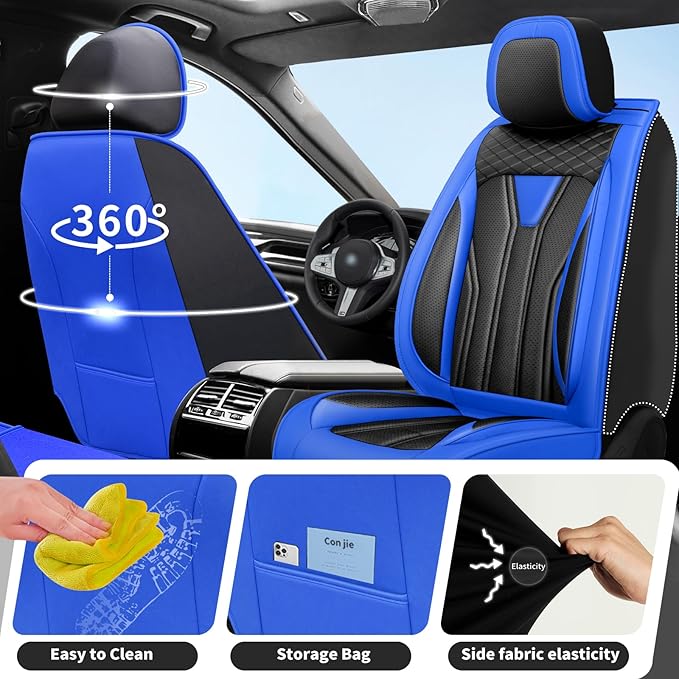 Fit Sonata Car Seat Covers Premium Leather for Hyundai Sonata 2007-2025 2026. Waterproof， Breathable, Scratch-Resistant & All-Weather Seat Cushion Protector（Full Set,Blue&Black
