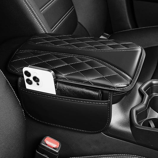 Car Center Console Cover Fit for Jeep Compass 2018-2025 - Leather Armrest Covers with 2 Storage Pockets(Black)