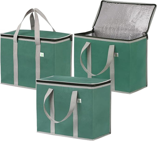 VENO 3 Pack Cooler Bag Insulated Reusable Grocery Shopping Bag, Food Delivery, Heavy Duty, Large Size, Durable Handles, Double Zippers, Lid, Collapsible (Green, 3 Pack)
