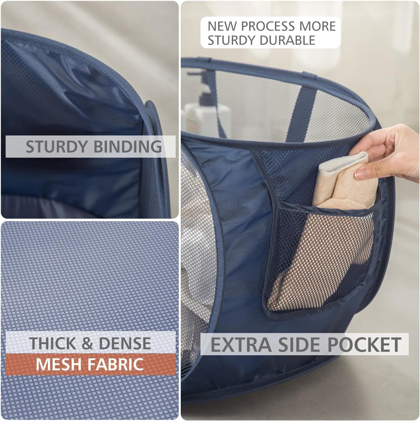 HONOMA Sturdy Mesh Laundry Hamper Basket Bag,Pop up Basket with Side Pocket for Laundry Room, Bathroom, Kids Room, College Dorm or Travel (Pop Horizontal, Black)