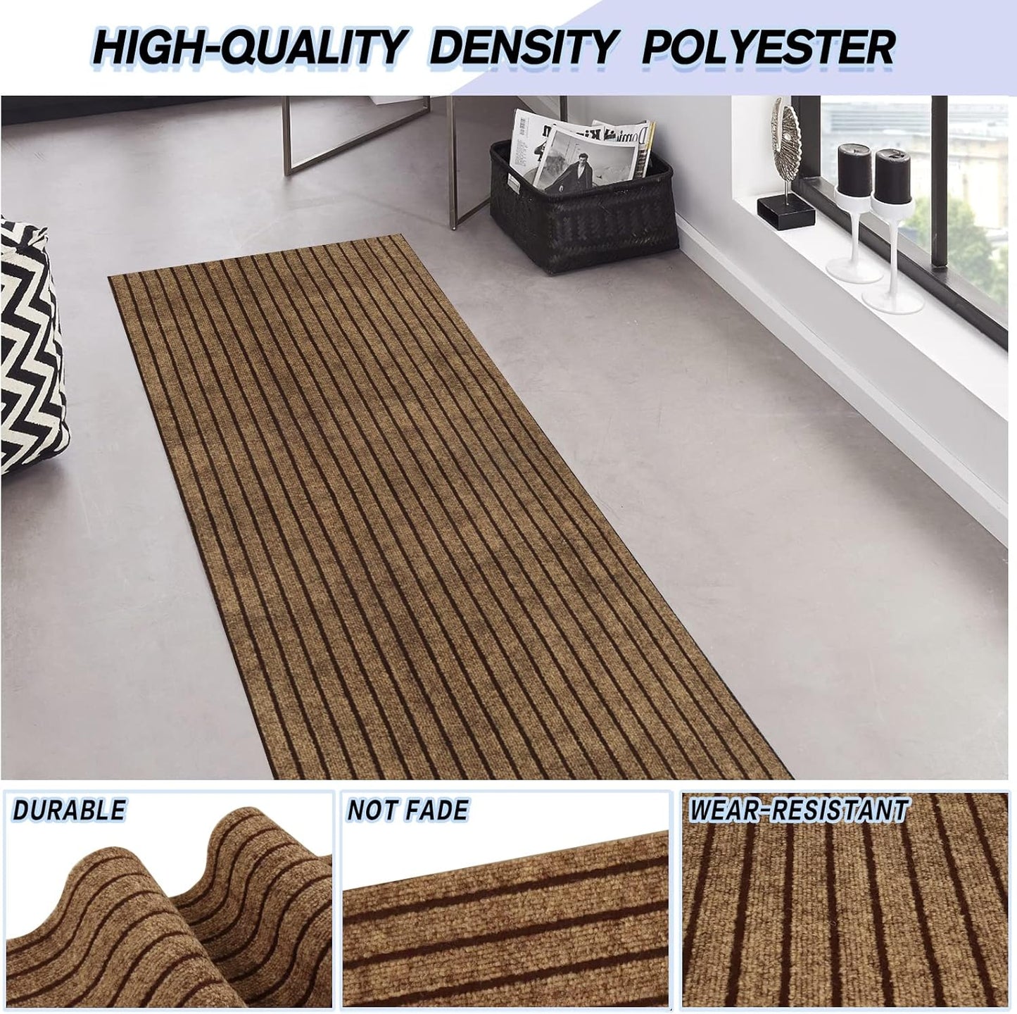 Custom Size Backed Non-Slip Area Rugs Runner, Easy Clean, Waterproof Runner Rugs for Hallway Entryway, Kitchen, Laundry, 2FT x 67FT, Brown Stripe