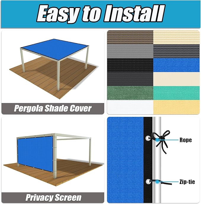 Amagenix 90% Pergola Shade Cover 7' X 15' Sun Shade Cloth with Grommets for Outdoor Garden Patio Porch, Commercial Grade 200 GSM - Cable Zip Ties Included (We Customized) GN108, Blue