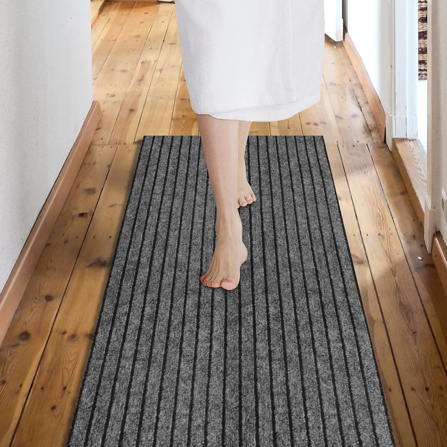Custom Size Backed Non-Slip Area Rugs Runner, Easy Clean, Waterproof Runner Rugs for Hallway Entryway, Kitchen, Laundry, 3FT x 10FT, Gray Stripe