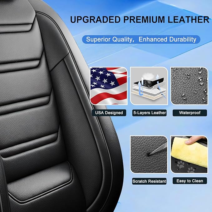 Fit Bolt Car Seat Covers for Select Chevrolet Bolt/Chevy Bolt EUV 2017-2025 - Premium Full Coverage Leather, Airbag Compatible, Waterproof & All Weather Seat Cushion Protector, Full Set, Black