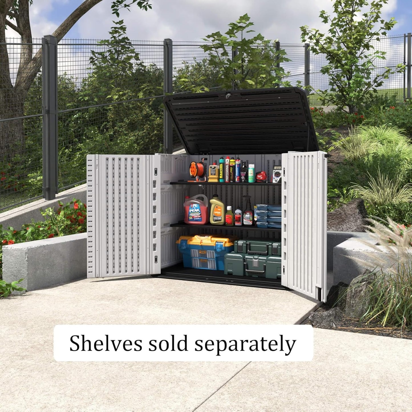 HOMSPARK Storage Shed Weather Resistance, Multi-Purpose Outdoor Storage Cabinet for Backyards and Patios, Horizontal Storage Shed for Lawnmower, Patio Accessories (White 1, Large - 26 cu.ft)