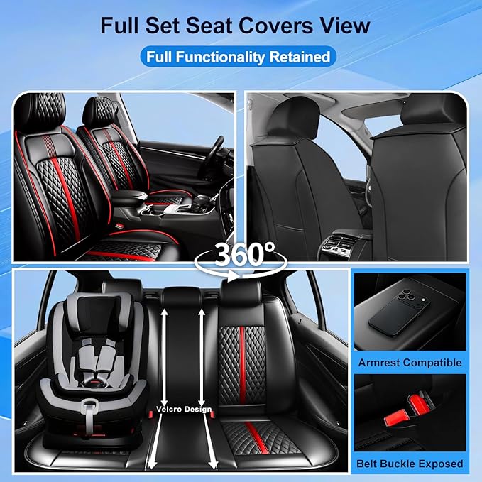 Fit CRV Car Seat Covers (Front Pair) for Select Honda CR-V 2011-2025 2026 - Premium Full Coverage Leather, Waterproof & All Weather Breathable Seat Cushion Protector, Black with Red Trim