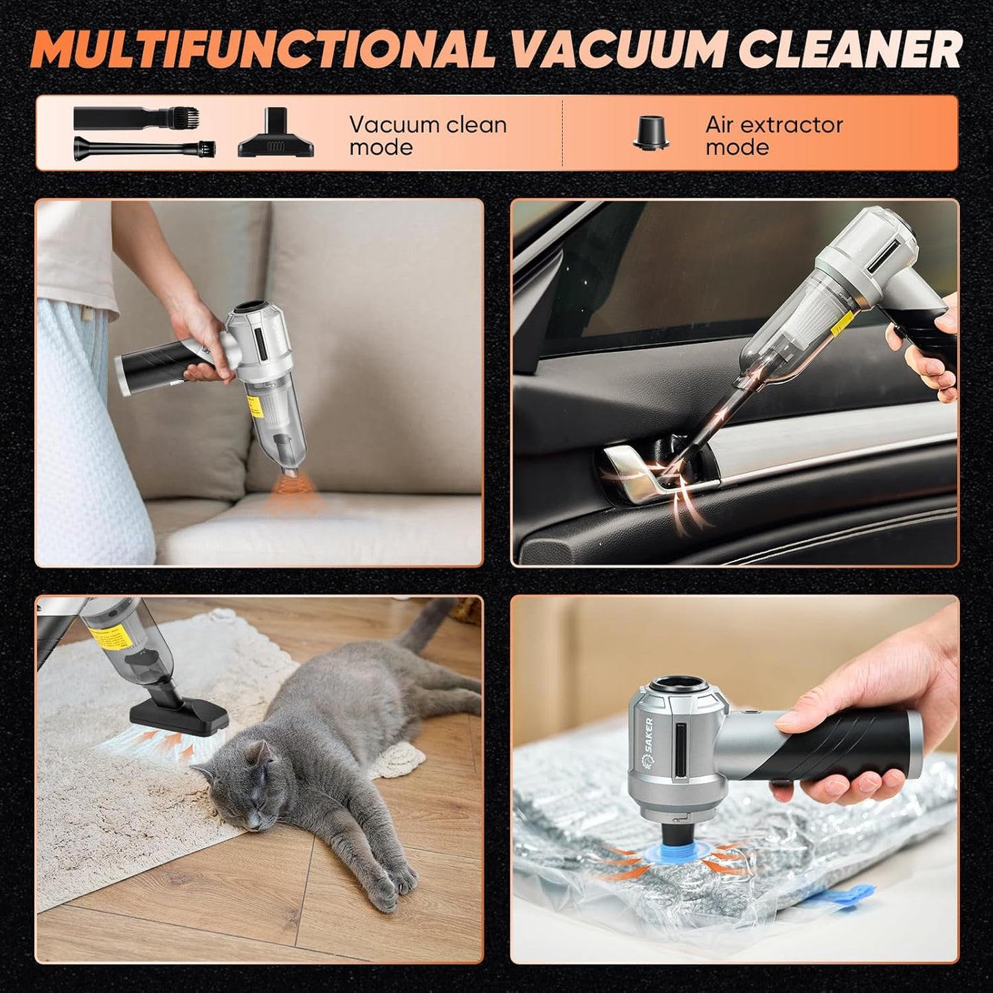Saker Portable Handheld Vacuum Cordless Portable 17000PA Foldable Car Vacuum Cleaner Mini Dust Blower with Brushless Motor, Office Pet and Home Cleaning HL133
