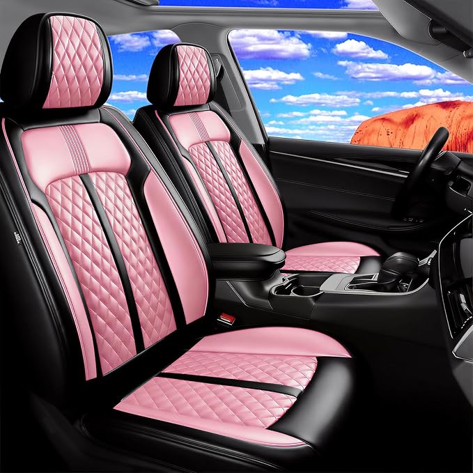 Fit Blazer Car Seat Covers for Select Chevrolet/Chevy Blazer 2019-2026, Premium Full Coverage Leather, Airbag Compatible, Waterproof All Weather Seat Cushion Protector, Full Set, Black+Pink
