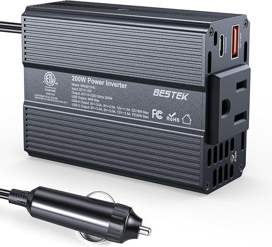 BESTEK Power Inverter DC 12V to AC 110V - 200W Car Plug Adapter Outlet PD 30W USB-C & QC18W USB-A Fast Charging Port - Car Charger Cigarette Lighter Adapter for Phone, Laptop - ETL FCC Certified