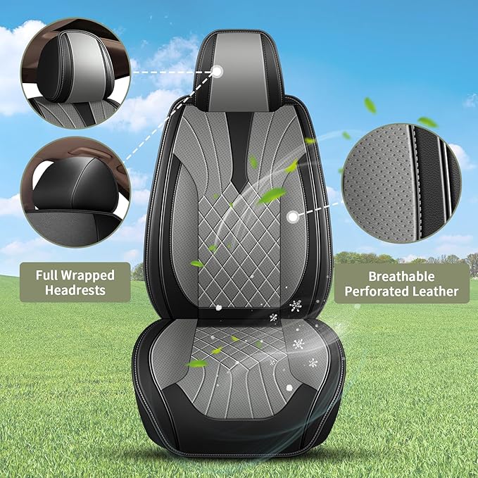 Full Set Car Seat Covers for Toyota RAV4 2013-2023 2024 2025 RAV4 Hybrid RAV-4: Breathable Perforated Premium Leather Seat Cover (Black&Grey)