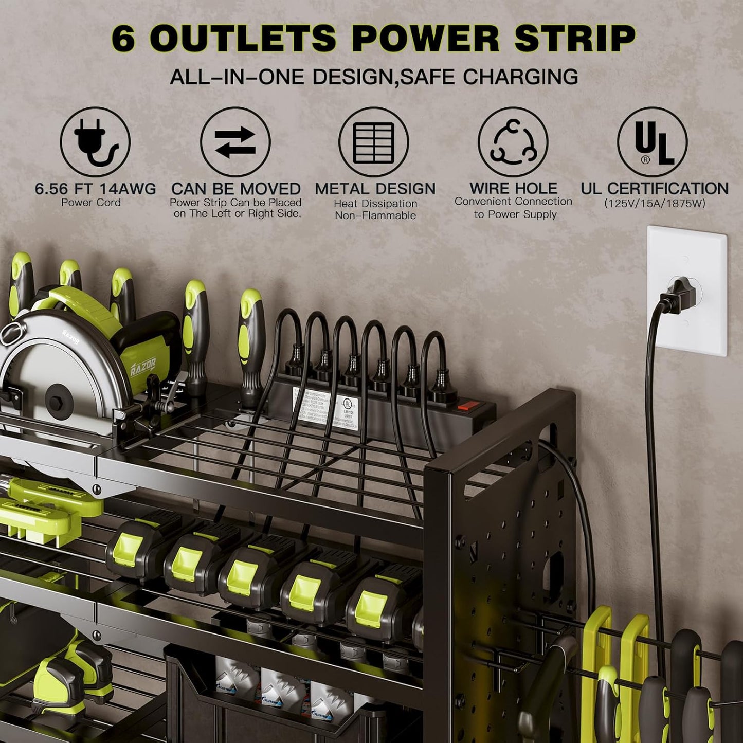 Power Tool Organizer Wall Mount with Charging Station 4 Layer 6 Slot Cordless Drill Holder with Angle Grinder Holder (Black)