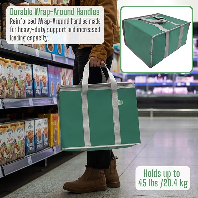 VENO 2 Pack Cooler Bag and Insulated Grocery Bags for Food Delivery, Collapsible Cooler, Reusable Shopping Bags for Groceries with Zipper, Foldable, Heavy-Duty, Stands Upright (Green, 2 Pack)