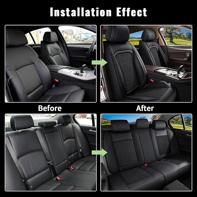 Car Seat Covers Full Set for Toyota Prius 2003-2015 - Cooling Ice Silk Leather Seat Cover - Ventilated 5 Seats Vehicle Seat Cushion Protector Automotive Accessories (Black)
