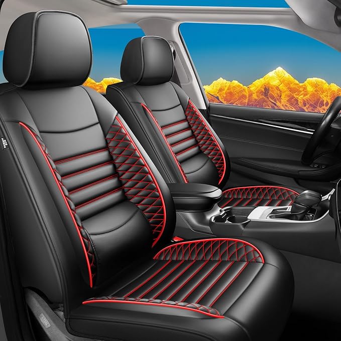 Fit Kona Car Seat Covers for Hyundai Kona 2018-2024 2025 2026 - Upgraded Premium Waterproof & Breathable Leather, Airbag Compatible, All-Weather Seat Cushion Protector(2 Front/Black+Red)