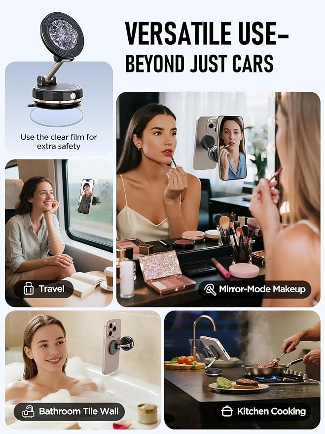 Upgraded Vacuum Magnetic Car Phone Holder for MagSafe[108+LBS Strongest Suction & 3000gf Strongest Magnetic],360° Adjustable Suction Cup Phone Mount for Car,Gym,Mirror,Men Women-Black