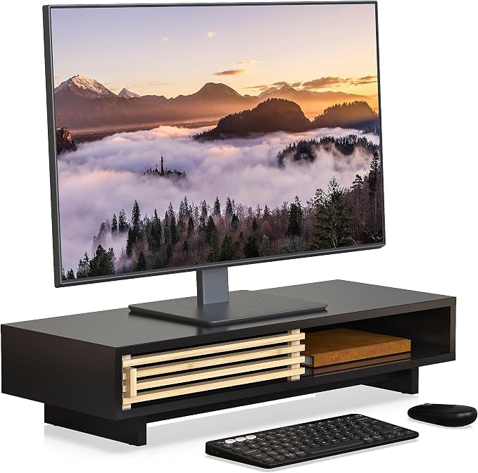 Monitor Stand Riser with Sliding Door, Computer Laptop Stand Desk Shelf