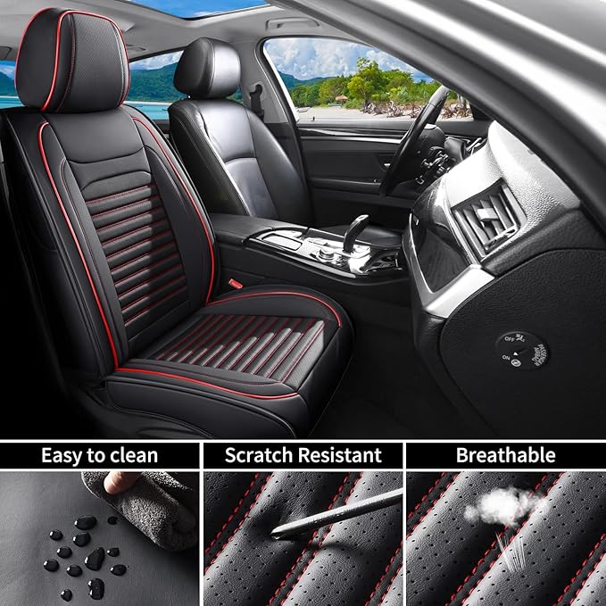 Front Seat Covers Fit for Toyota Tacoma 2001-2026, Truck Seat Covers Front Seats, Breathable Faux Leather Automotive Seat Covers Front Pair Anti-Slip Seat Cover(Black&Red, Front)